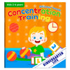 A children's sticker book titled Concentration Training featuring a smiling boy and various learning elements.
