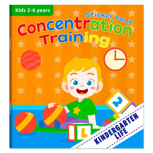 A children's sticker book titled Concentration Training featuring a smiling boy and various learning elements.