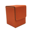 An orange leather deck box with a stitched edge and flap, designed to hold trading cards.