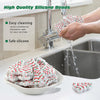 A hand is rinsing white and red silicone beads in a kitchen sink, with a pile of beads visible on a white dish.