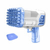A white and blue bubble gun with 36 small nozzles and a handheld blower attachment.