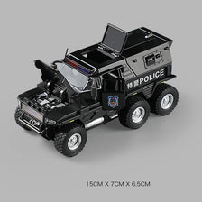 A black SWAT City Police truck diecast toy with lights and sounds, shown from the side.