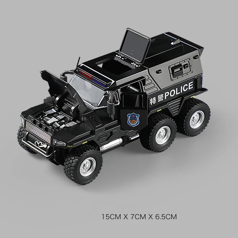 A black SWAT City Police truck diecast toy with lights and sounds, shown from the side.