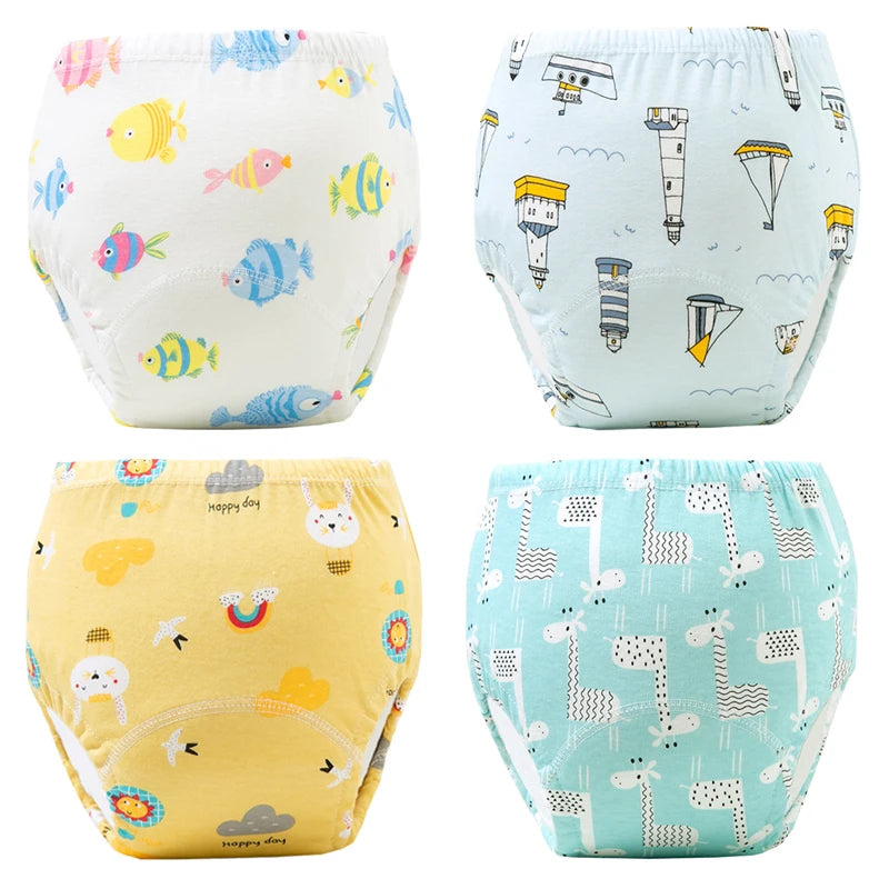 A set of four reusable cotton potty training pants for toddlers in various pastel colors and patterns.