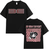 Black t-shirt featuring the BE logo in pink and white on the chest