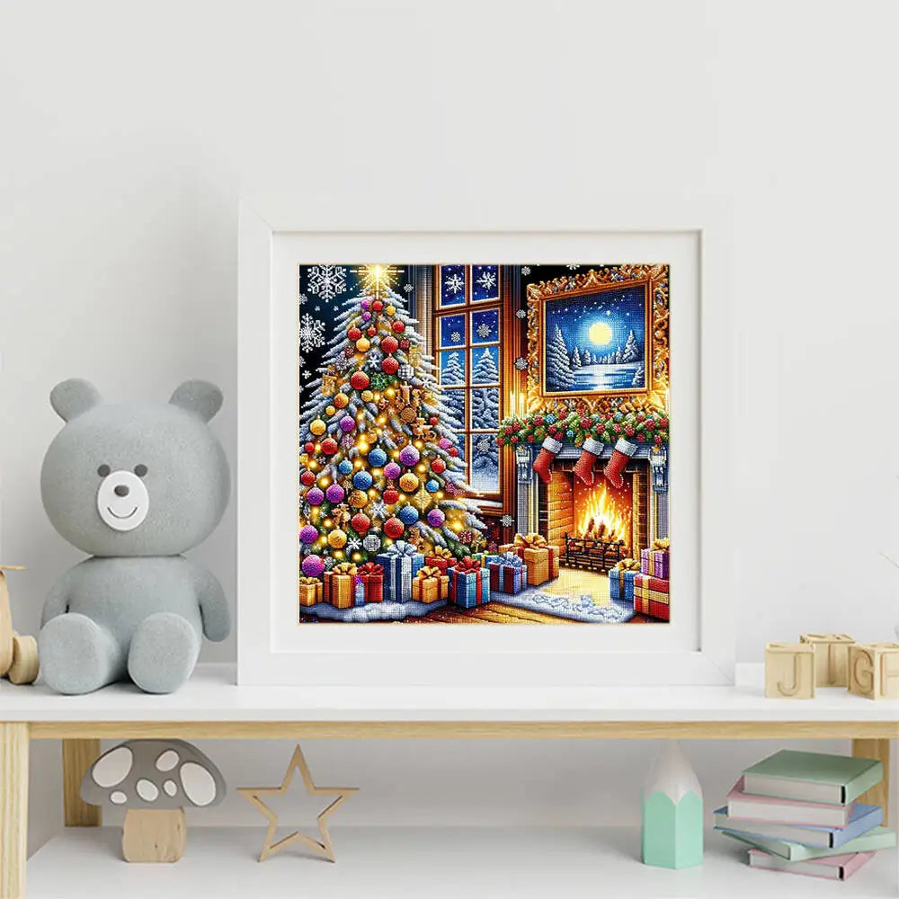A framed painting depicting a festive Christmas tree decorated with ornaments and a glowing window scene.