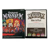 A box of Dungeon Mayhem card game featuring artwork and text for an age 8 plus family party battle deck