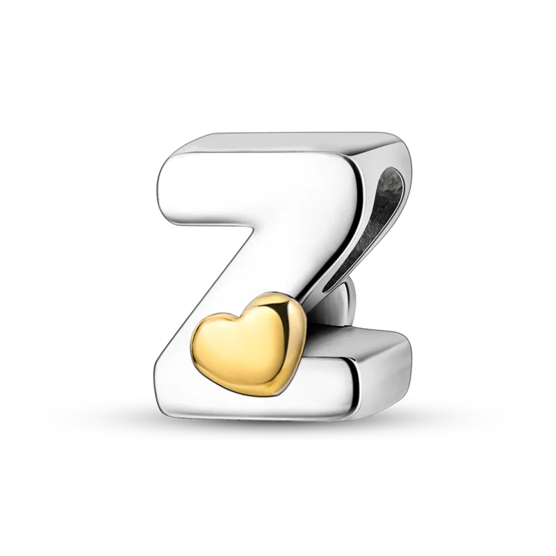 A sterling silver alphabet charm shaped like the letter Z with a heart pendant.