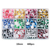 A plastic container holding 480 self-adhesive googly eyes in various colors and styles for DIY crafts