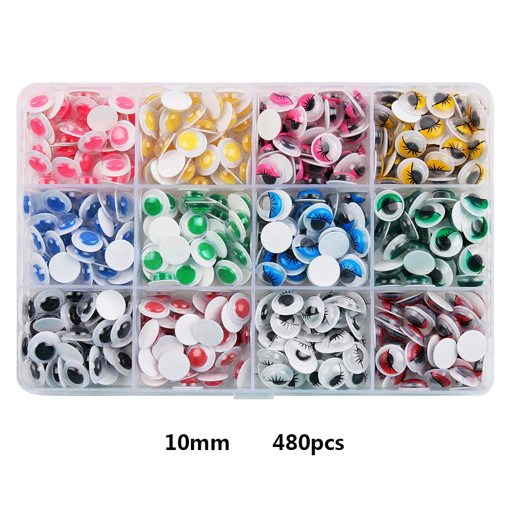 A plastic container holding 480 self-adhesive googly eyes in various colors and styles for DIY crafts
