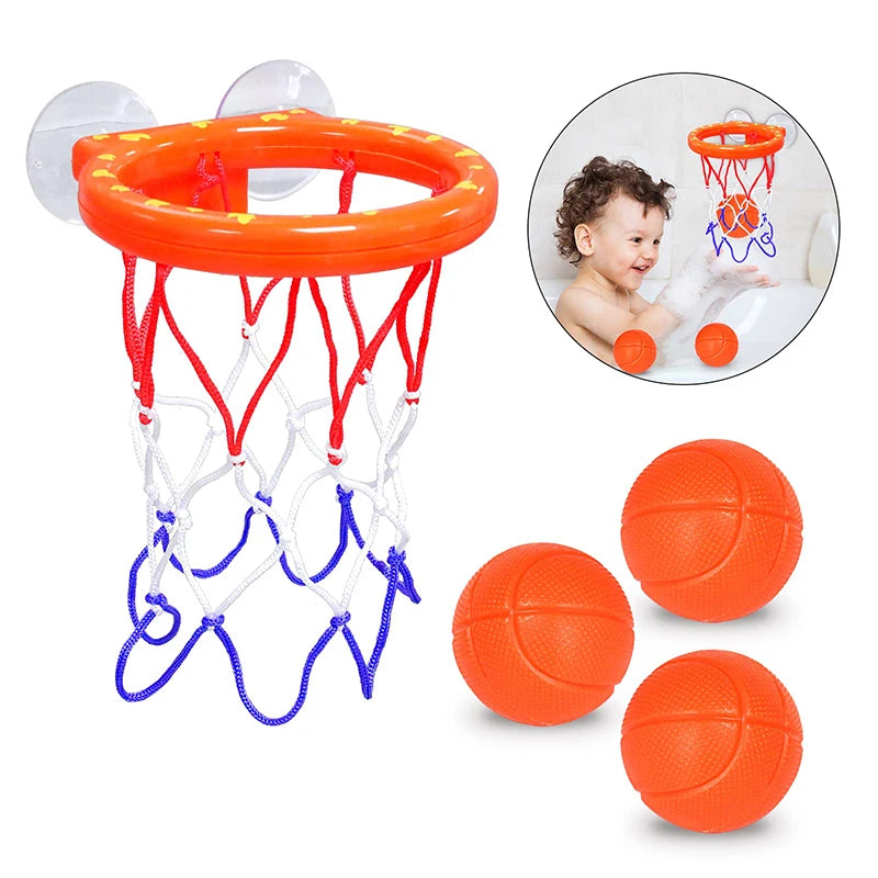 An orange basketball hoop set with a net and three orange balls for toddlers.