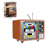 A brown retro radio building block set featuring a stylized face design and various components.