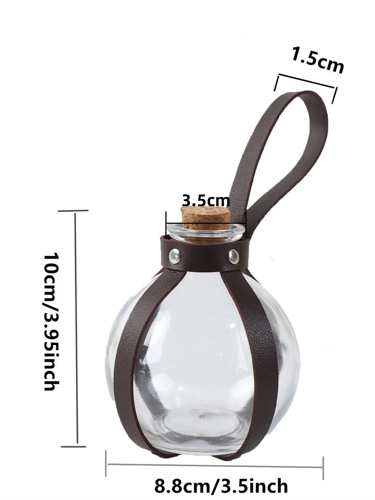 A clear glass potion bottle with a brown leather strap and cork stopper, designed for cosplay.