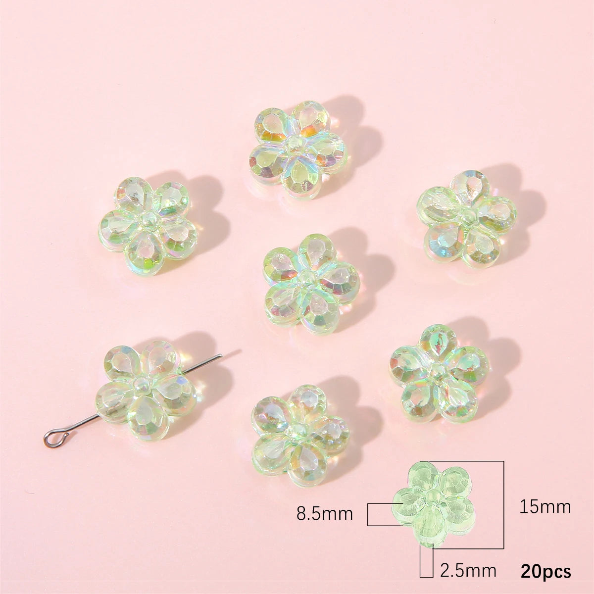 A set of 20 clear acrylic flower beads for DIY jewelry making, measuring 8.5mm in diameter.