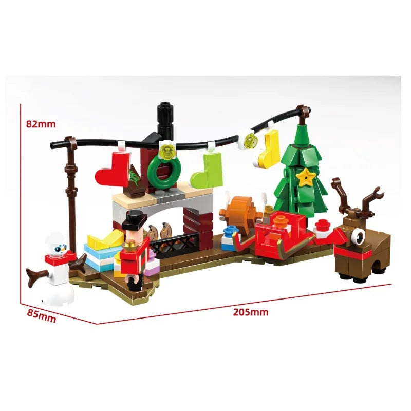 A set of Christmas building blocks featuring various figures and decorations like a tree, gifts, and characters.