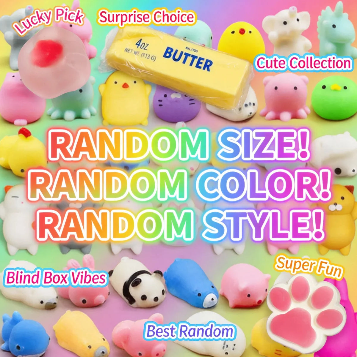 A collection of colorful squishy toys and fidget items including a pink jellyfish, yellow, purple, and white characters.