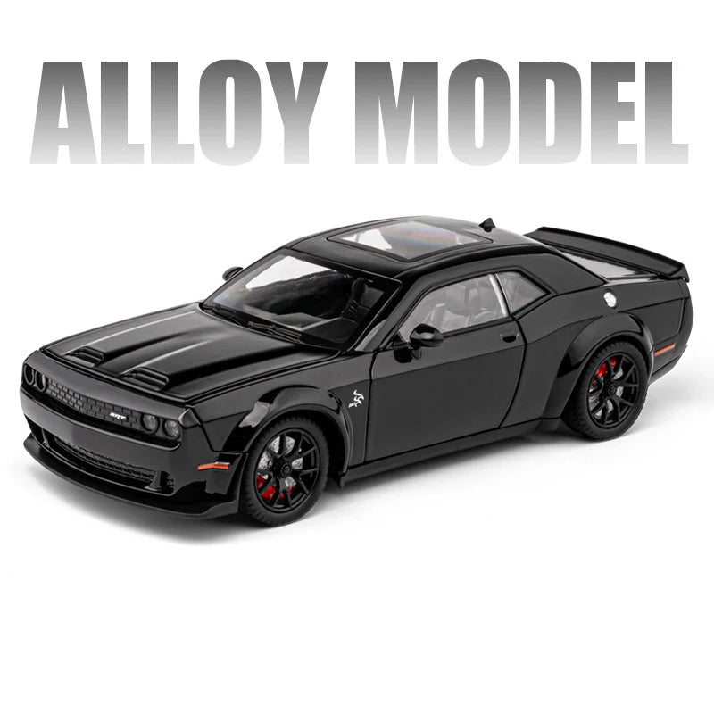 Black diecast model of a Dodge Challenger SRT Hellcat car.