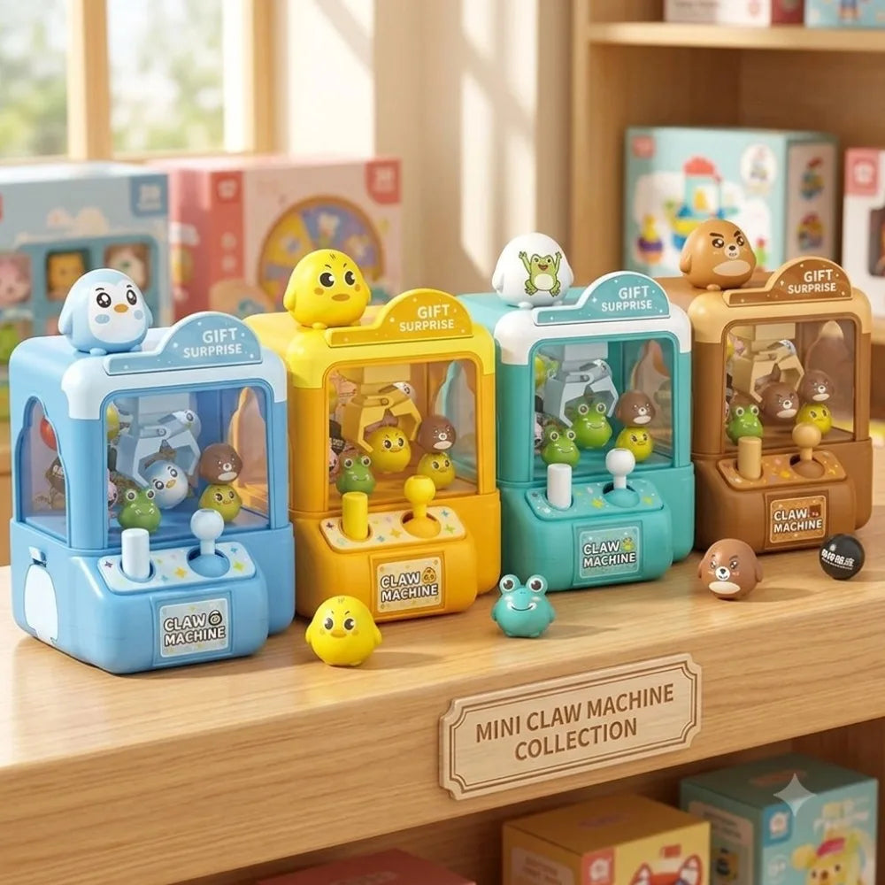 A collection of mini claw machine toys featuring various animal figures in yellow, green, and brown on a wooden shelf.