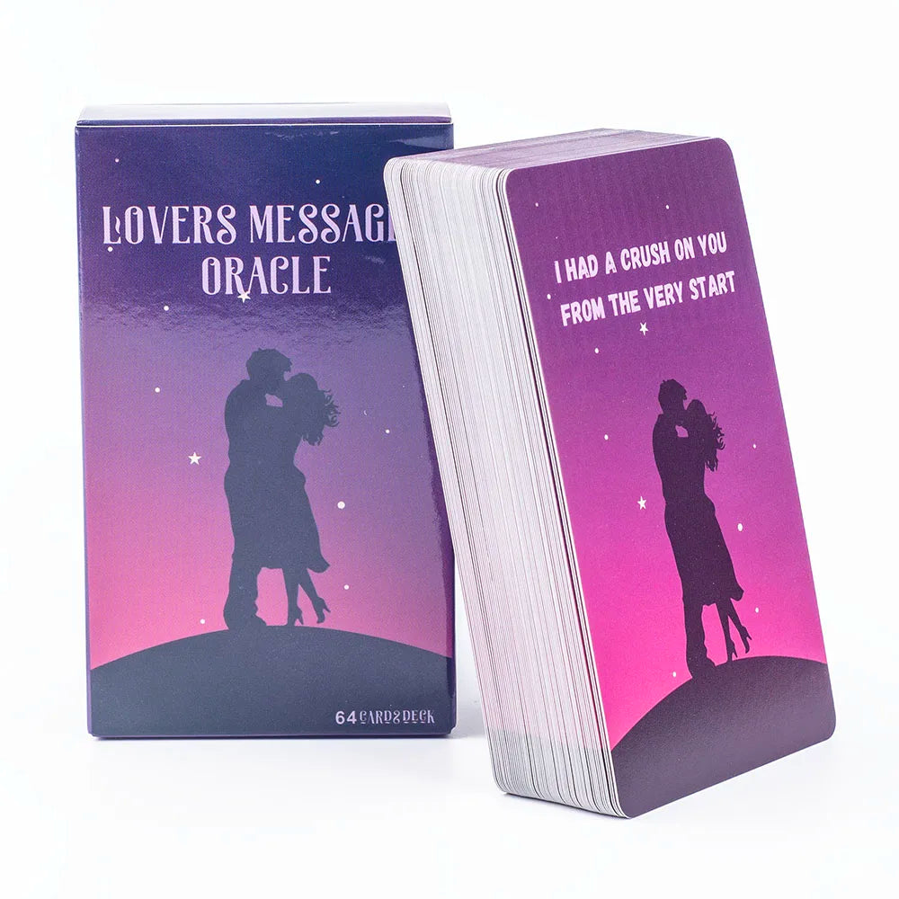 A box of the Lovers Message Oracle deck featuring silhouettes of a couple against a pink background.