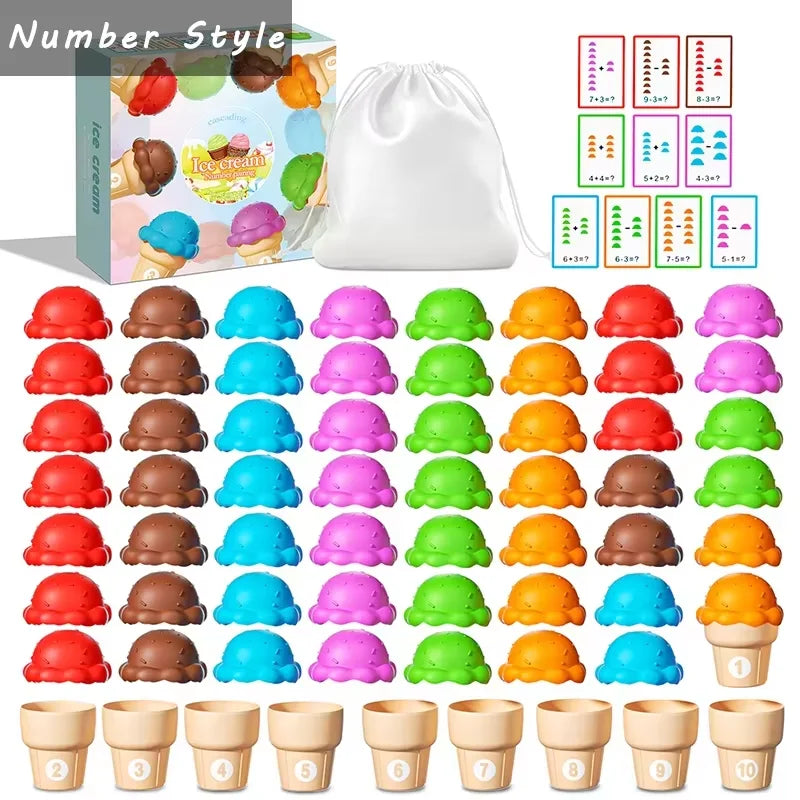 A white mesh bag filled with colorful ice cream scoops for a Montessori sorting toy set.