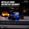A blue 1:43 scale RC drift car with LED lights is displayed on a wooden surface.