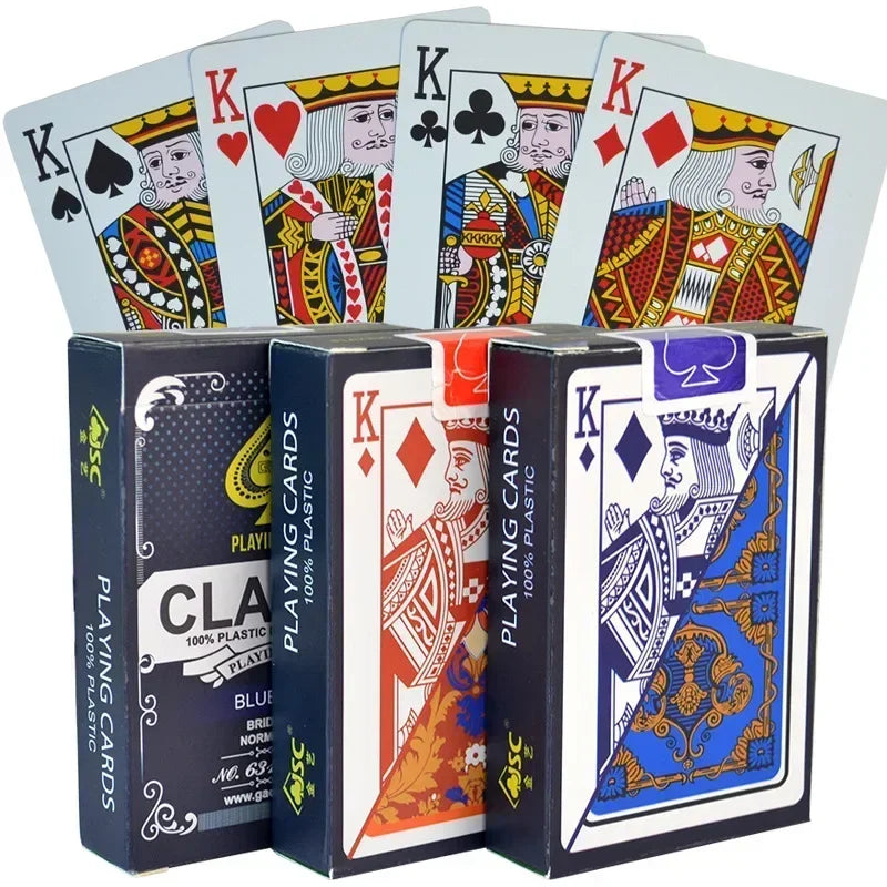 A deck of blue and black plastic playing cards with King cards visible.
