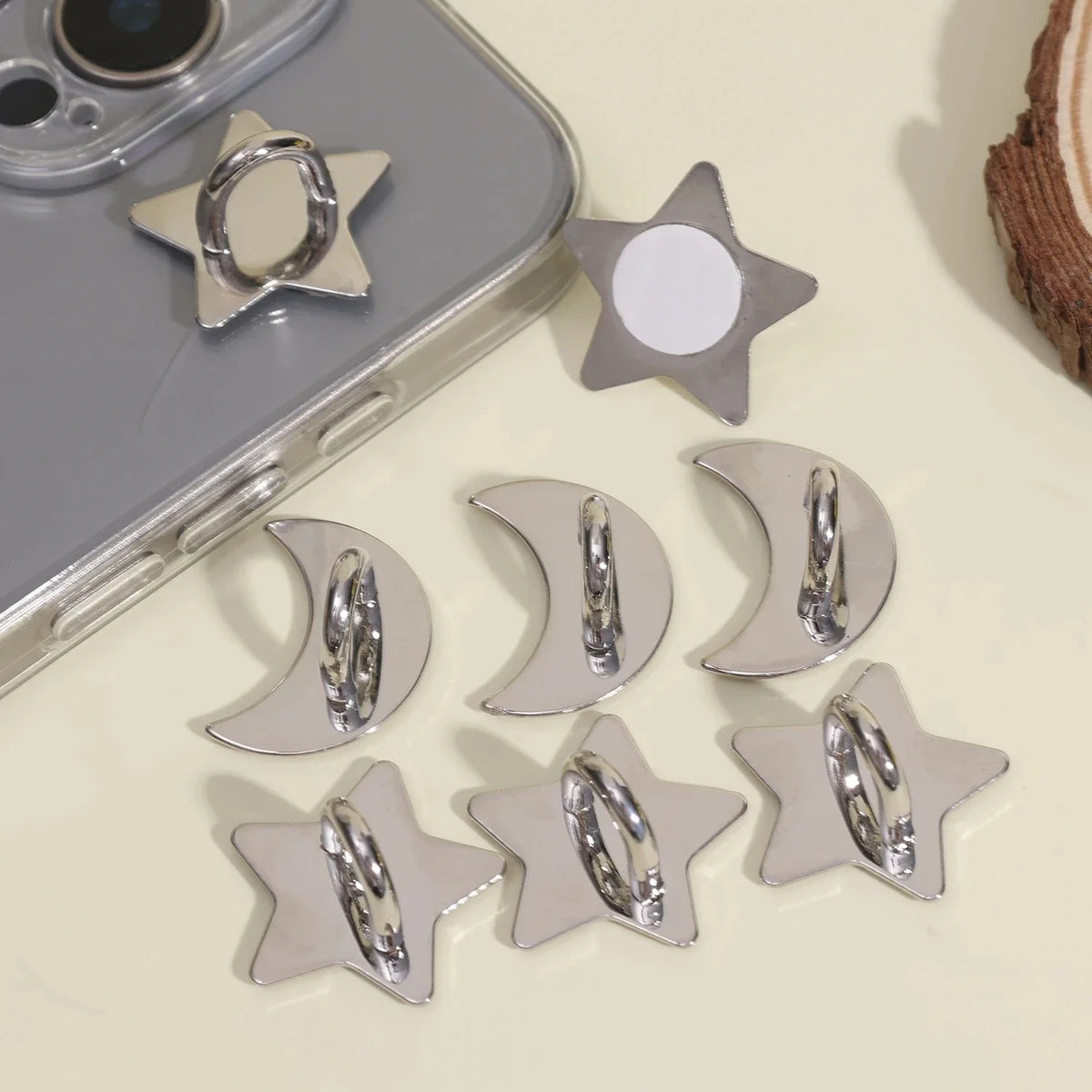 Silver star and crescent moon decorative phone charms with adhesive backing