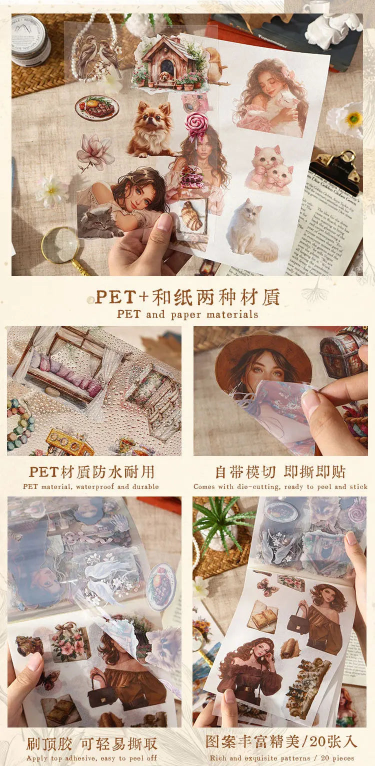 A collection of vintage lifestyle stickers featuring retro scenes and elegant female designs in a book format.