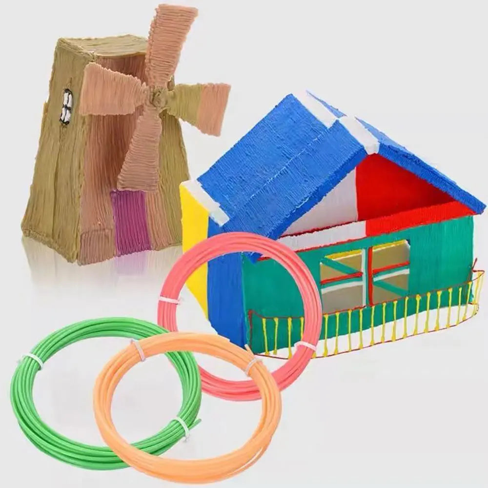 Multi-color PLA filament refill for 3D pens in various colors like green, orange, pink, and blue.