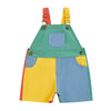 Summer contrast color overalls romper for toddlers in green, yellow, and blue with orange straps