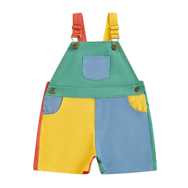 Summer contrast color overalls romper for toddlers in green, yellow, and blue with orange straps