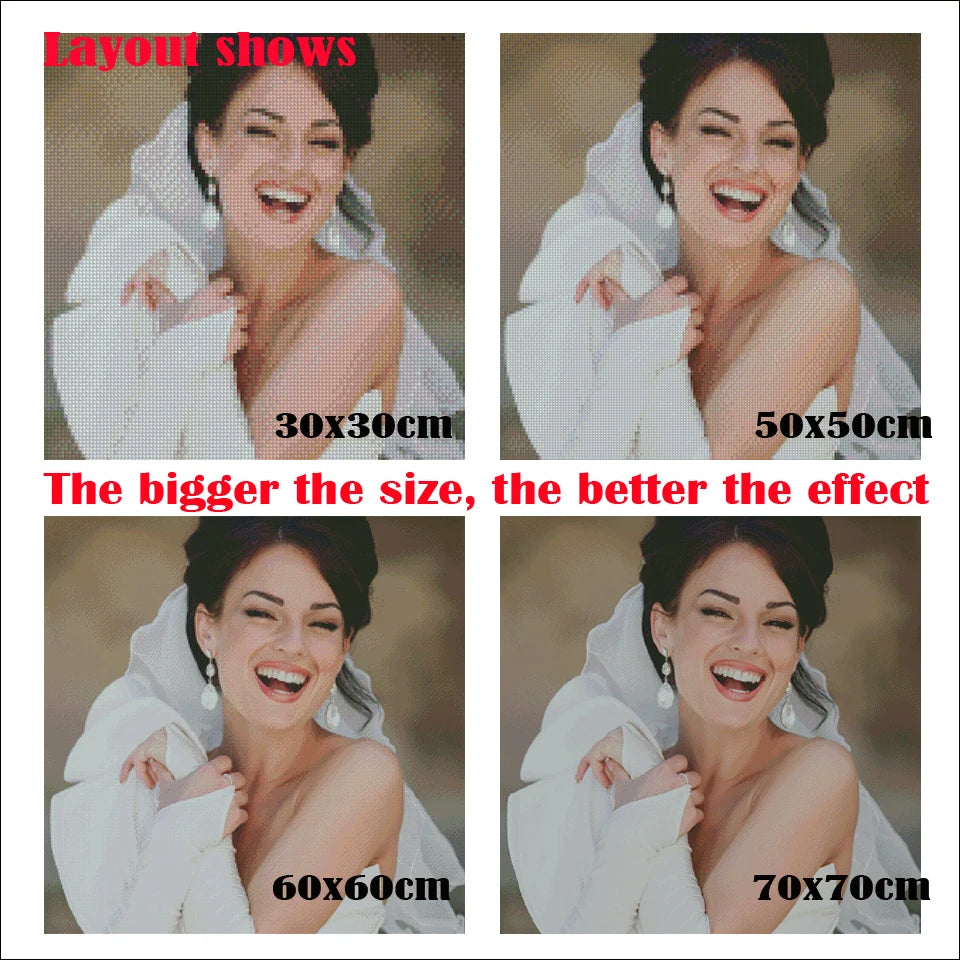 A set of diamond painting shows demonstrating the effect of size on the final picture, featuring a woman in white fabric.
