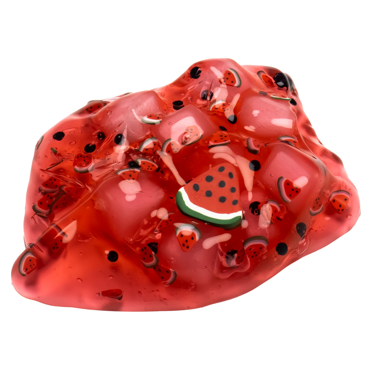 A translucent red jelly putty slime featuring watermelon and grape fruit inclusions.