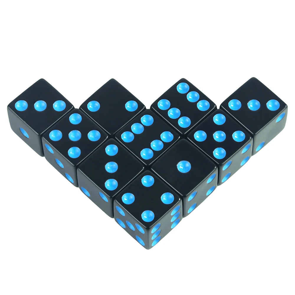 A set of ten vibrant blue acrylic D6 dice for board games and RPGs