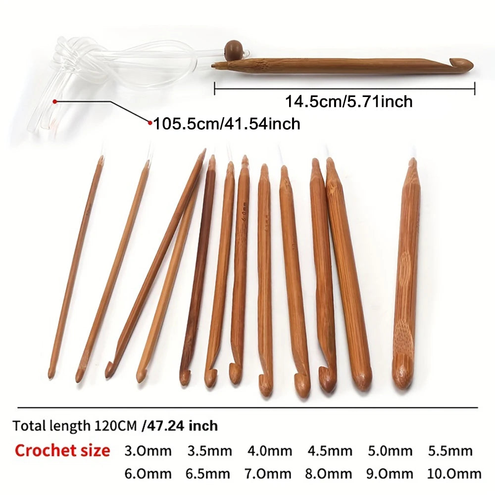A set of flexible bamboo Tunisian crochet hooks in eleven sizes ranging from 3.0mm to 10.0mm, with a measuring stick shown.
