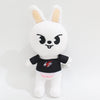 A white cartoon rabbit plush toy with black facial markings and pink accents.
