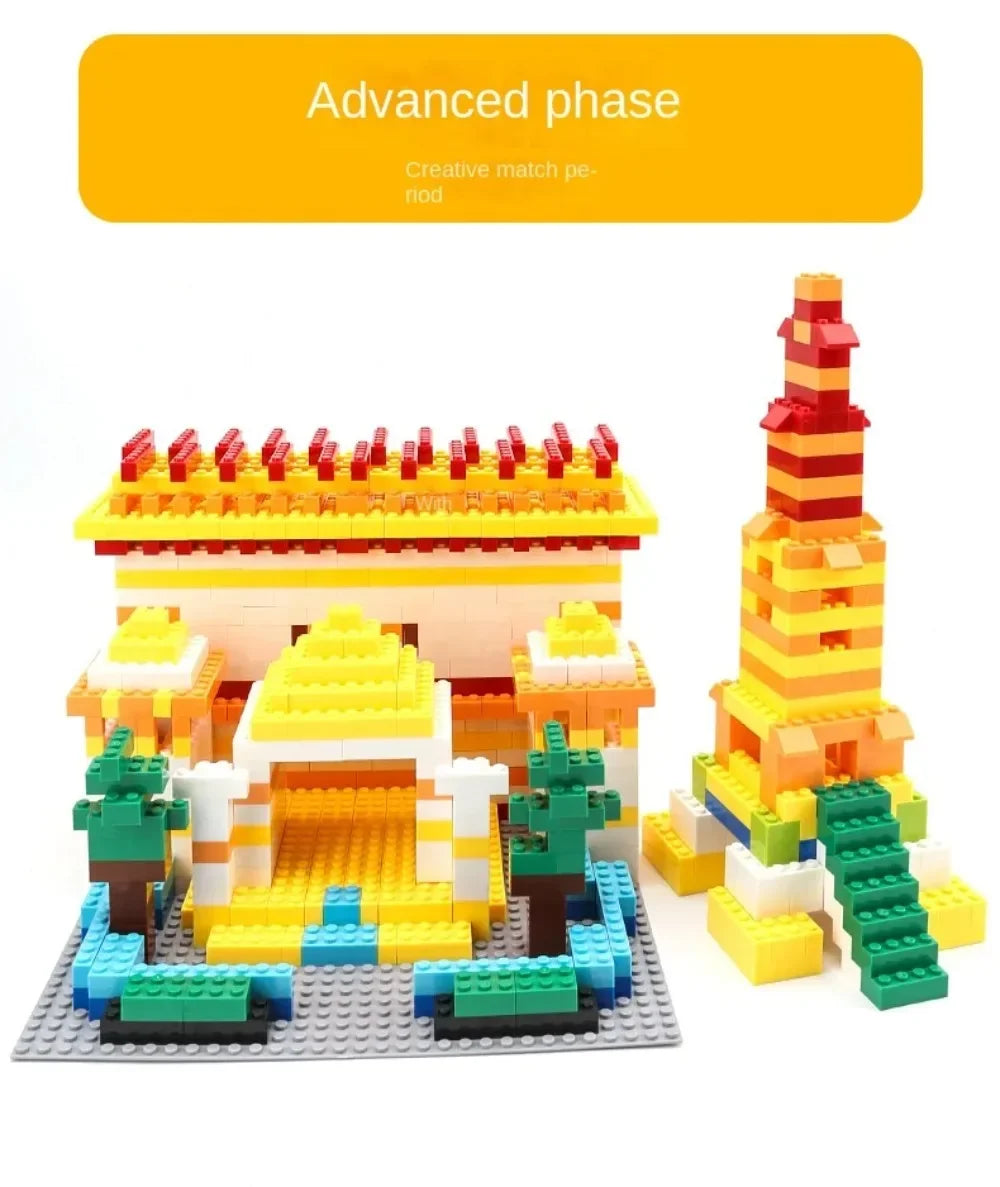 A LEGO set depicting an advanced phase structure with a yellow and orange fortress and tower.