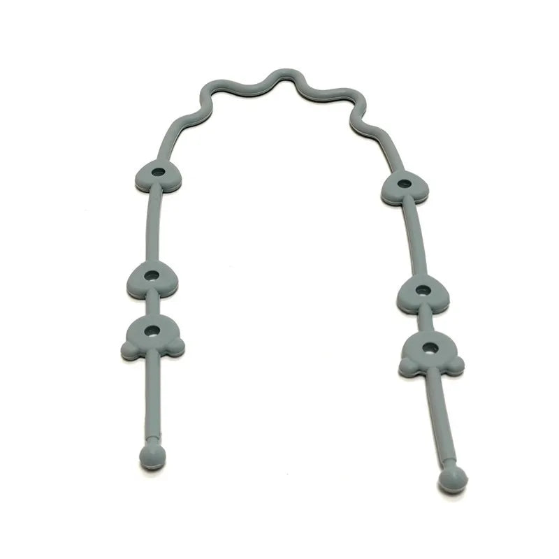 A silicone pacifier clip with an anti-drop chain, shown in a light gray color.
