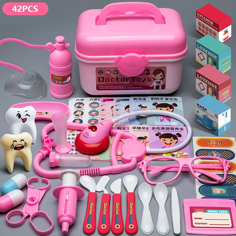 A pink doctor play set featuring various electronic medical tools and accessories for children.