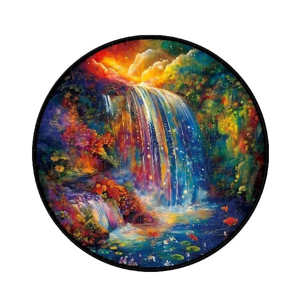 A vibrant painting of a waterfall cascading into a pool surrounded by lush green foliage and colorful light.