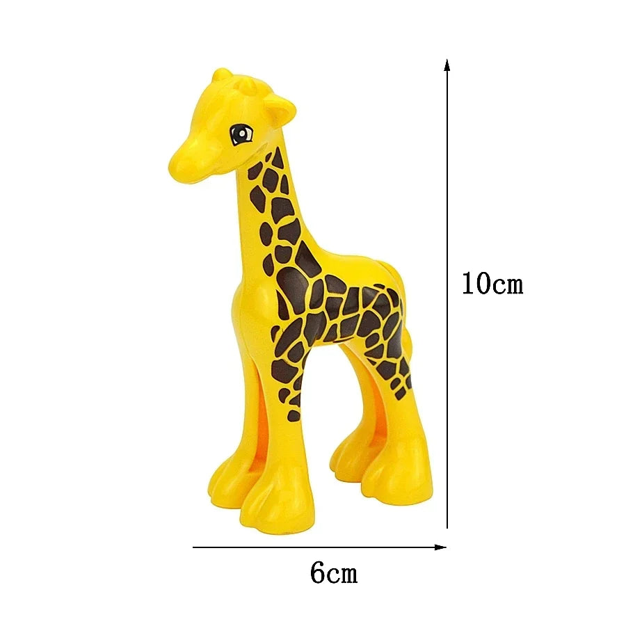 A yellow giraffe building block with black spots, shown from the side.