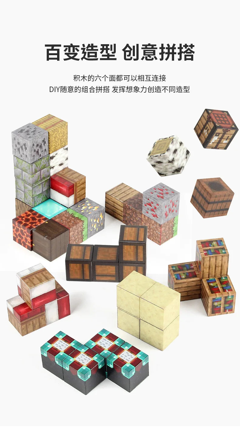 A collection of wooden building blocks in various colors and textures, demonstrating modular construction.