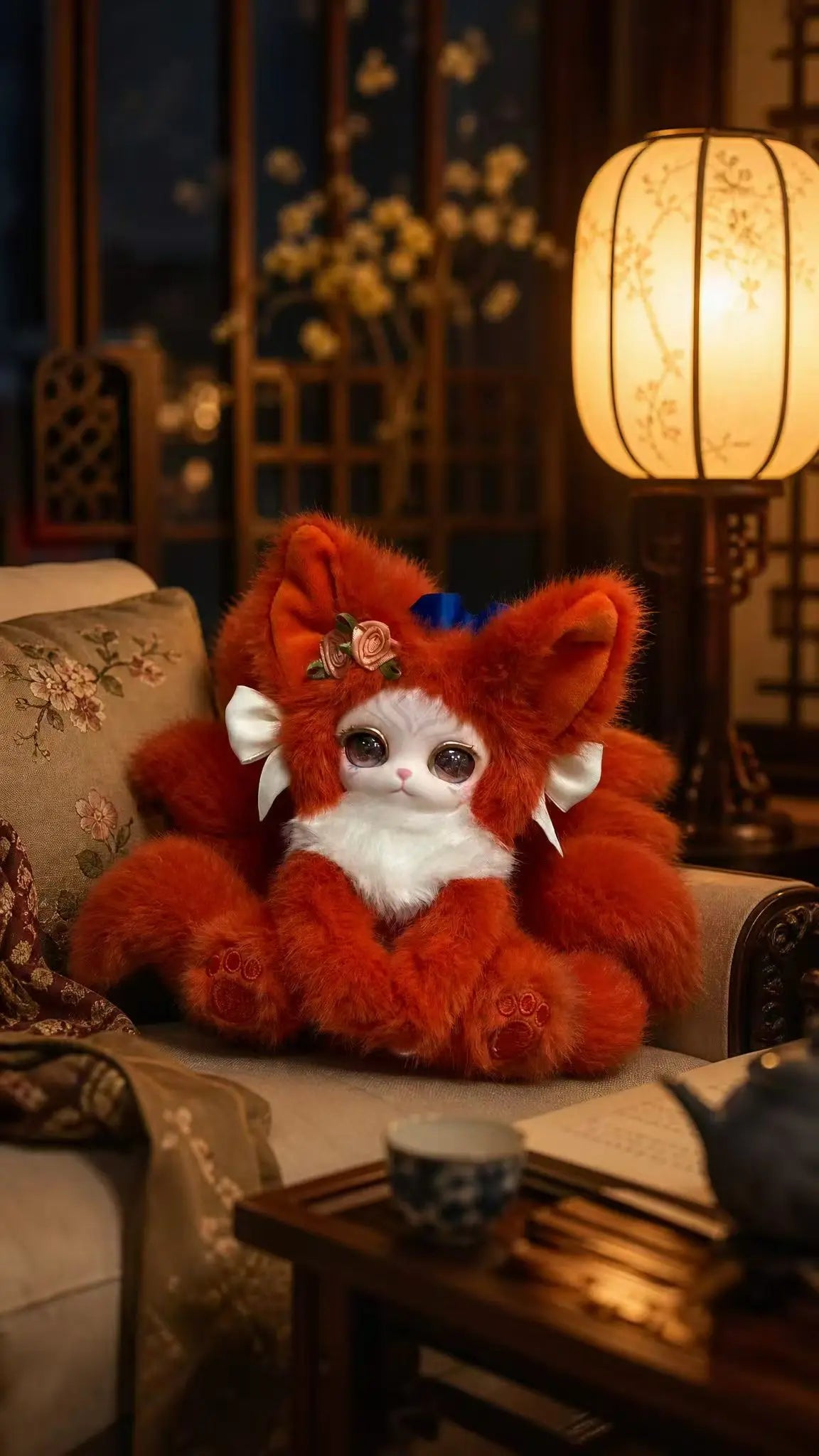An orange fox plush collectible with white fur and small floral accents sitting on a wooden surface.