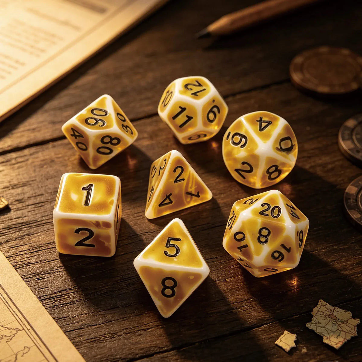 A collection of polyhedral dice, including d6, d8, and d10 shapes, are scattered on a dark wooden surface.