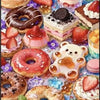 A variety of sweet desserts including donuts, cupcakes, and fruit arranged for a diamond painting kit.