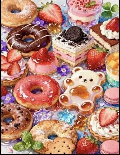 A variety of sweet desserts including donuts, cupcakes, and fruit arranged for a diamond painting kit.