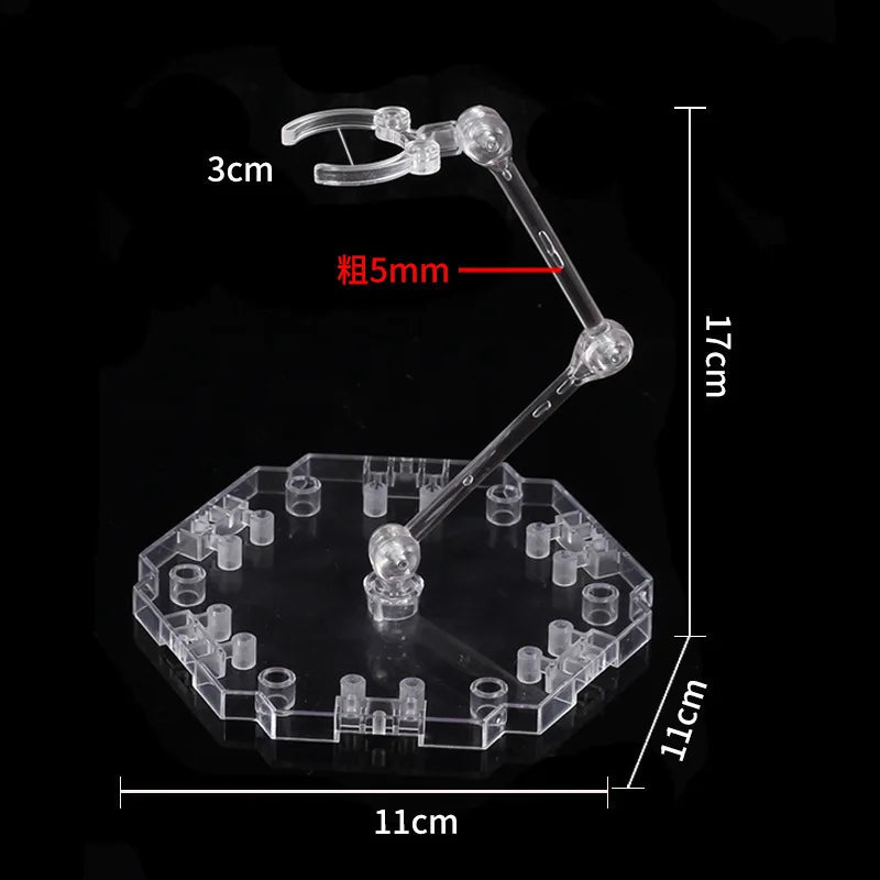 A clear acrylic adjustable snake bone stand with a 3cm length and 5mm thickness, designed for action figures.