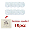 A set of ten white rotating socket safety covers for baby proofing, packaged as an European standard product.