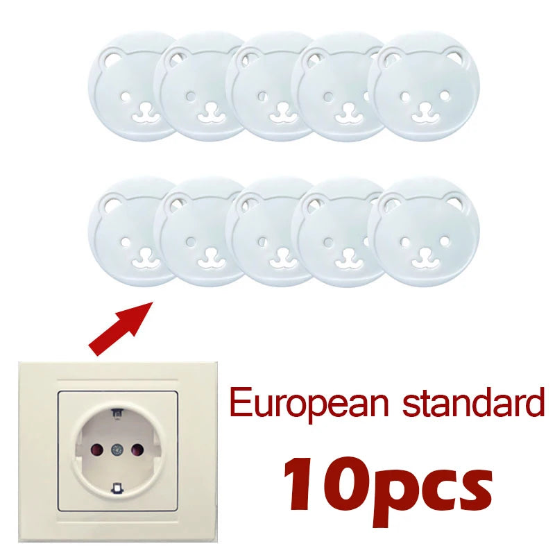 A set of ten white rotating socket safety covers for baby proofing, packaged as an European standard product.