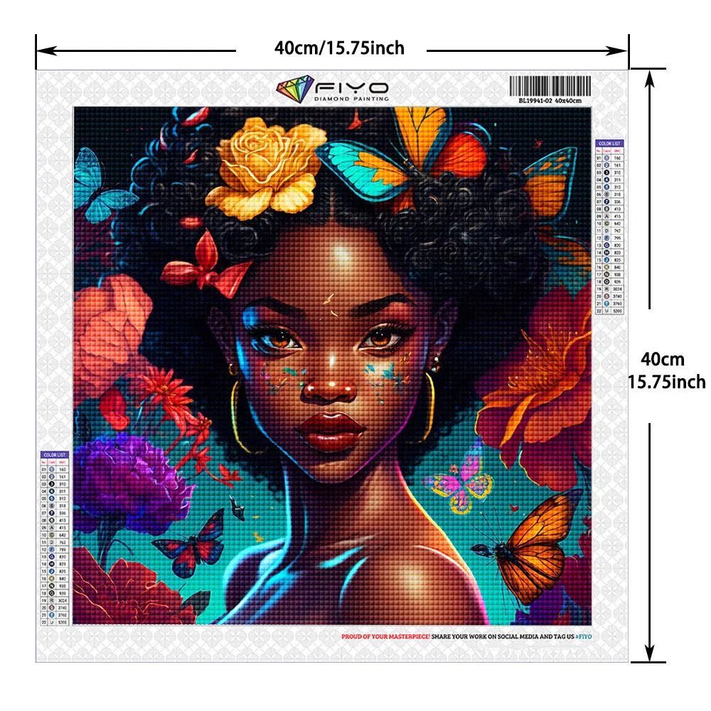 A vibrant diamond painting kit featuring a portrait of an African woman with intricate floral and butterfly elements.